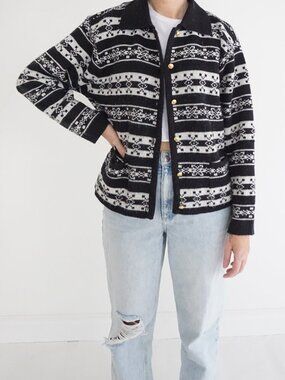 Vintage Crystal Kobe Black White Fair Isle Knit Button Cardigan Nordic Pattern M